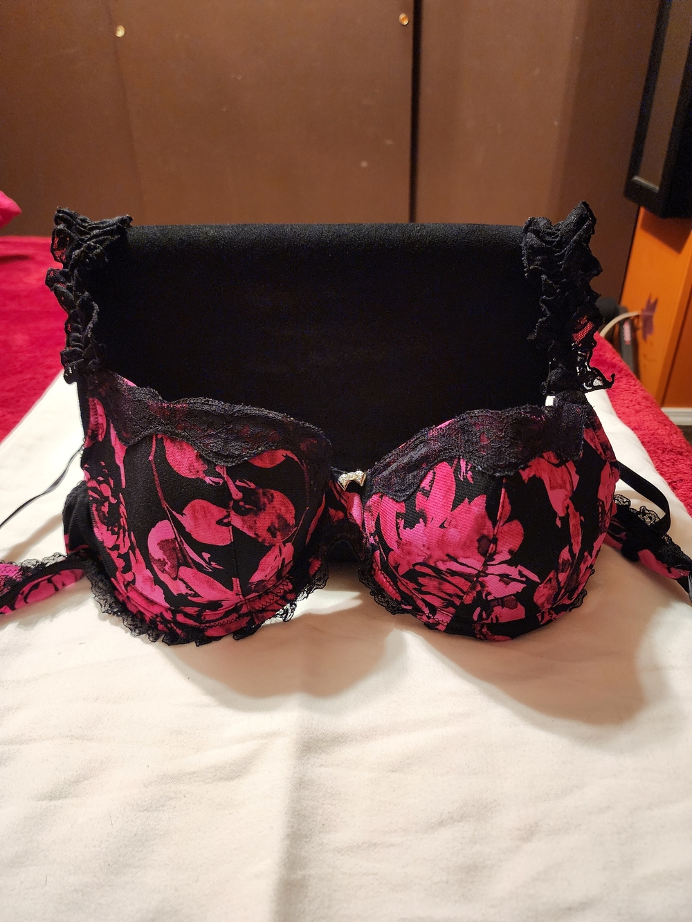 Black & Hot Pink Lace Trim Push-Up Bra